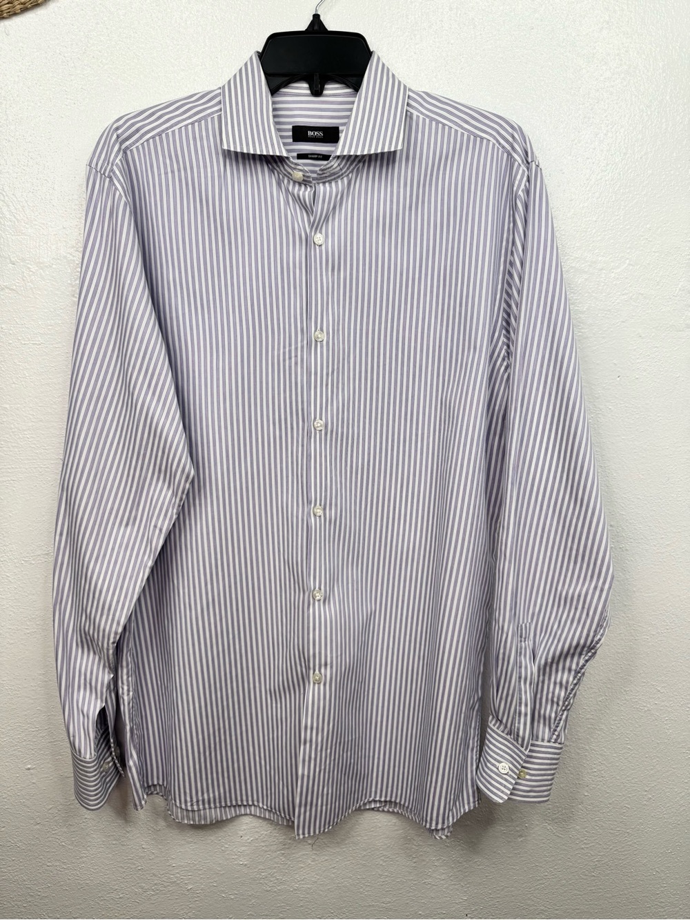 BOSS Hugo Boss Dress Shirt Mens 16.5 34/35 Purple White Striped Slim Fit